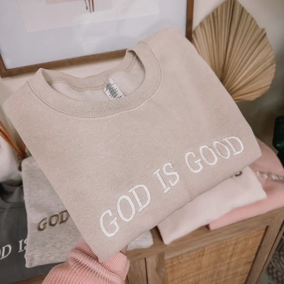 Tops - God is Good oversized aesthetic tan embroidered crewneck